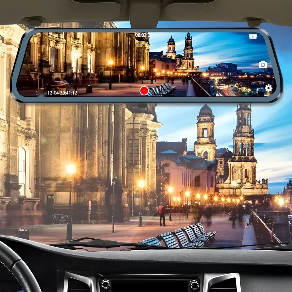 Car rearview mirror camera with 9.88 inch touch screen and motion detection placed over vehicle mirror