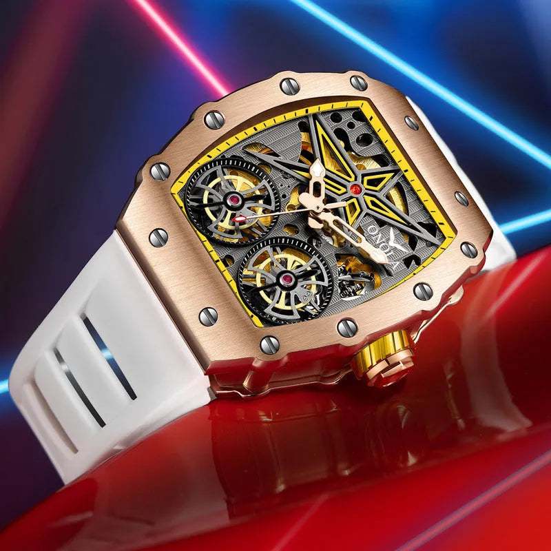 Rudder Flywheel skeleton automatic men's mechanical watch with 53mm dial and mineral glass on plastic strap
