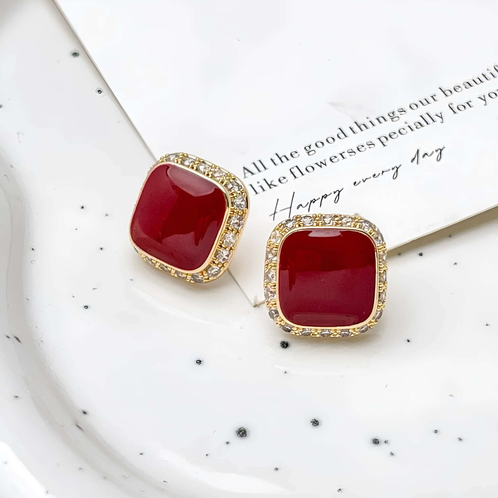 Red square plate earrings with geometric alloy construction and retro styling