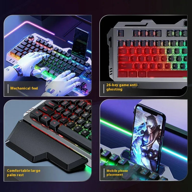 Aluminium mechanical gaming keyboard with rotary knob, shown in metal grey with rainbow backlighting.