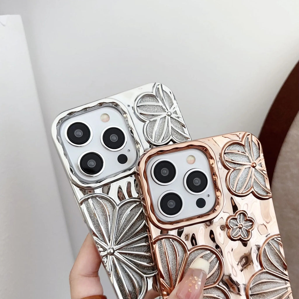 Gold electroplating pleated flower soft shell phone case for iPhone with drop protection