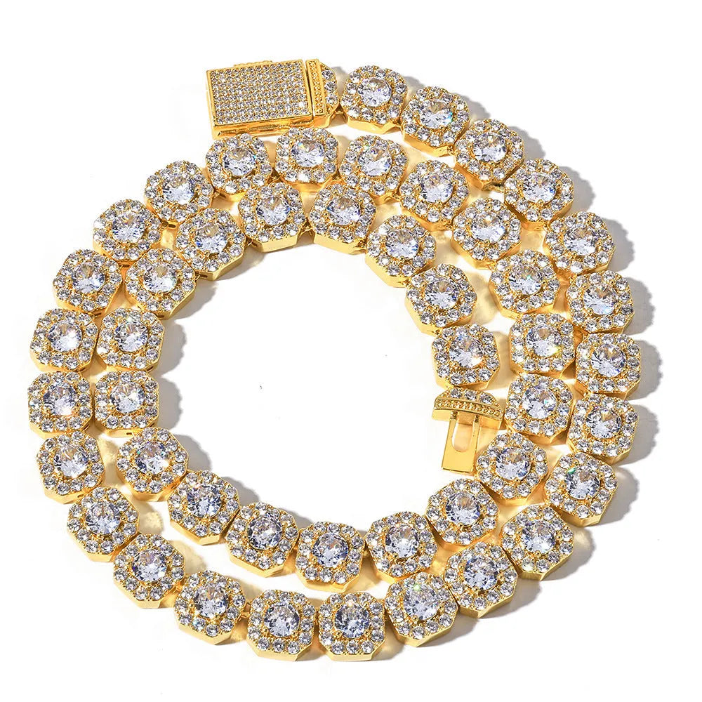 Hip hop zircon rock candy necklace gold finish on copper chain with 12mm width