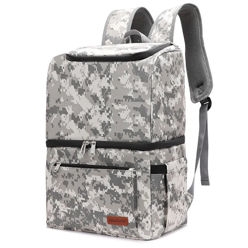 Blue insulated picnic backpack with adjustable straps and detachable ice pack