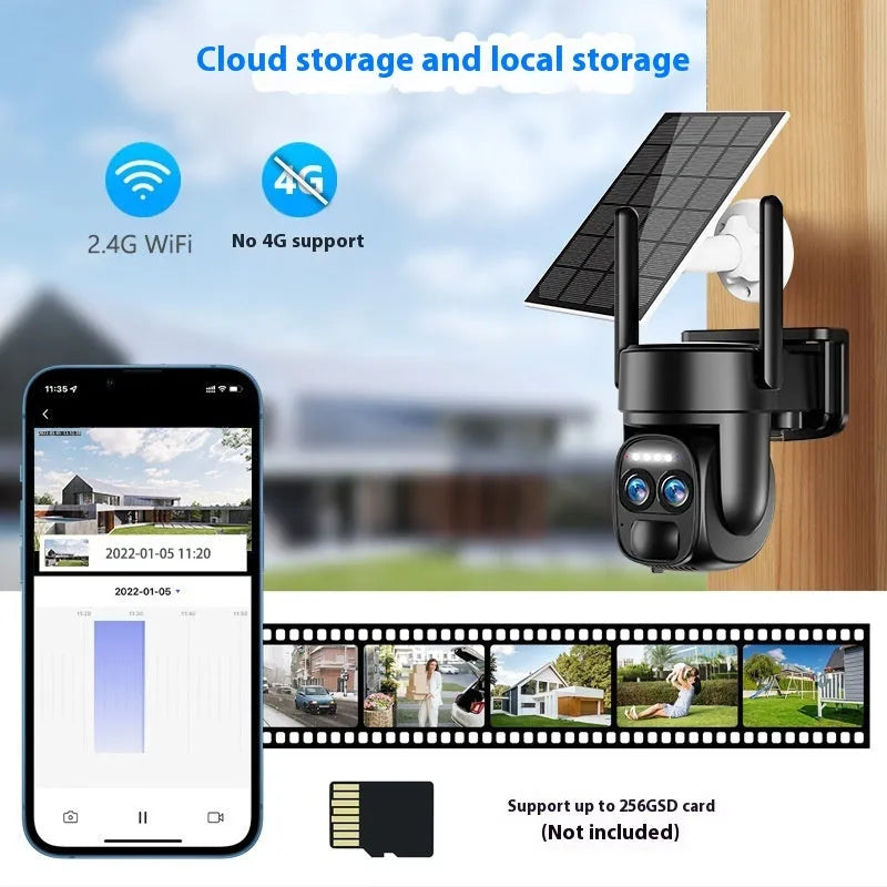 Solar-powered outdoor security camera with 8x zoom lens for home surveillance monitoring