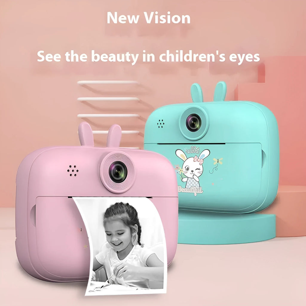 Children's instant print camera in blue with photo paper roll and graffiti pen, unisex birthday gift toy