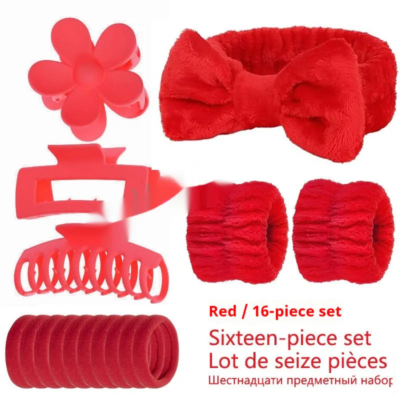 16-piece bow washing face hair band set in assorted colours with plaid pattern on OPP packaging