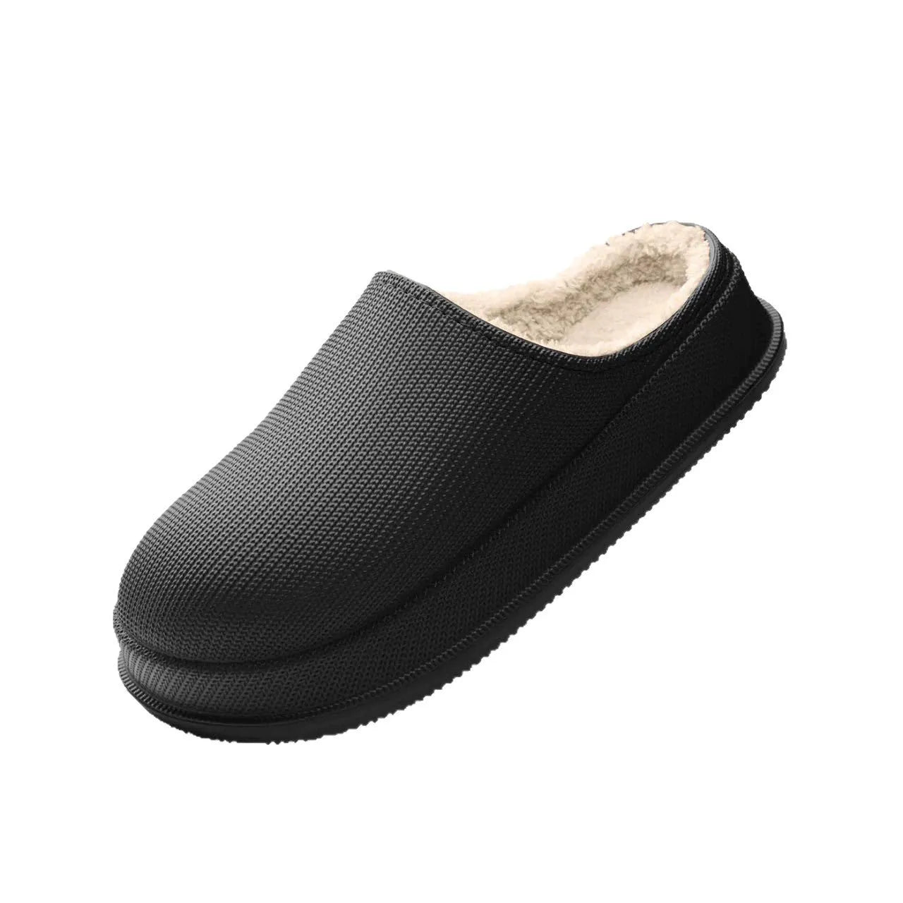 EVA waterproof warm slippers with toe cap and shock absorption in solid colour, side view showing mid heel and thick sole
