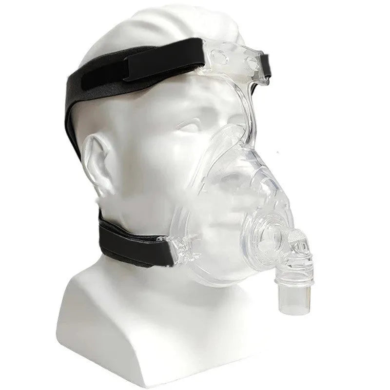 Transparent CPAP breathing mask with silicone seal and adjustable headgear