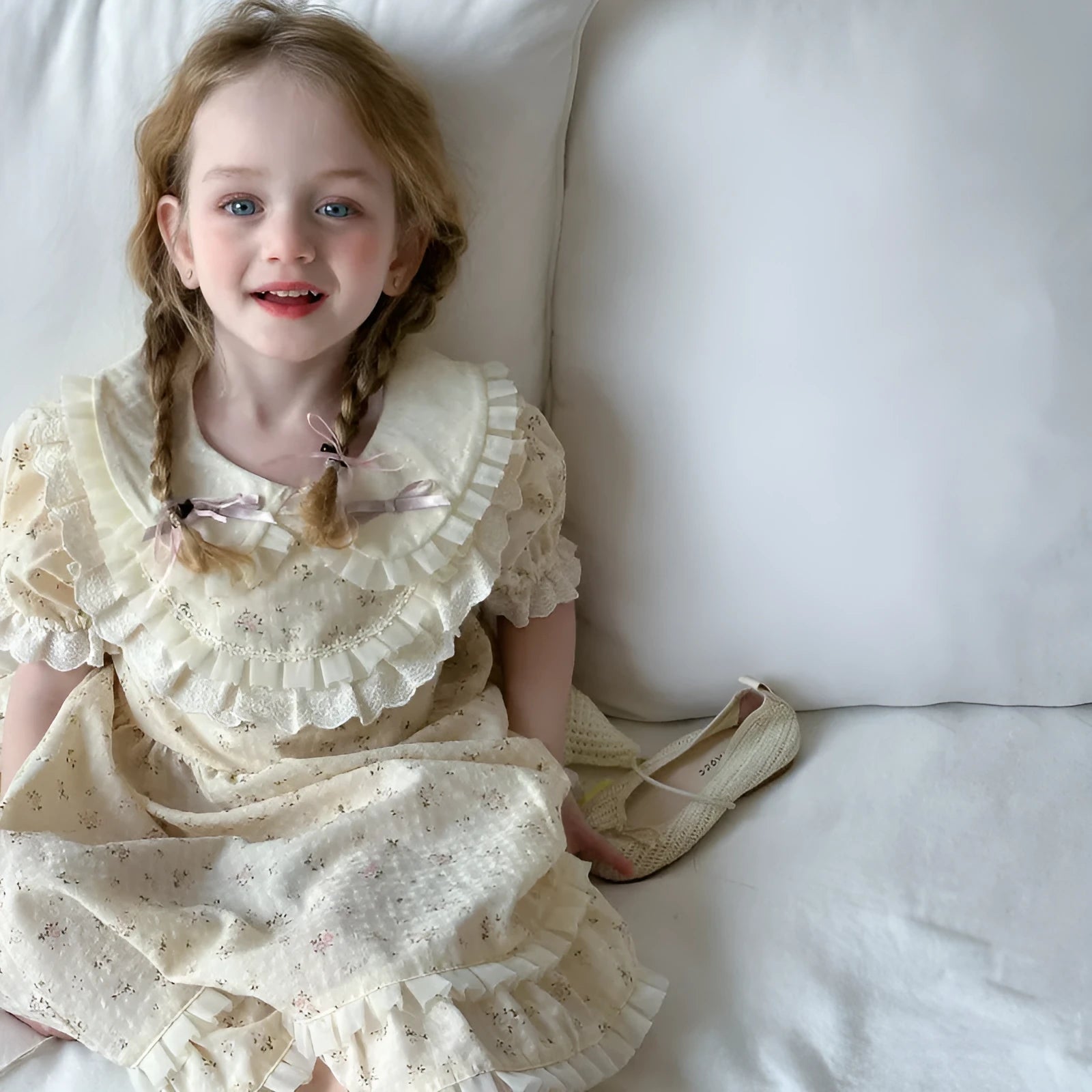Beige cotton floral dress with lace trim and short sleeves for girls height 90-130cm
