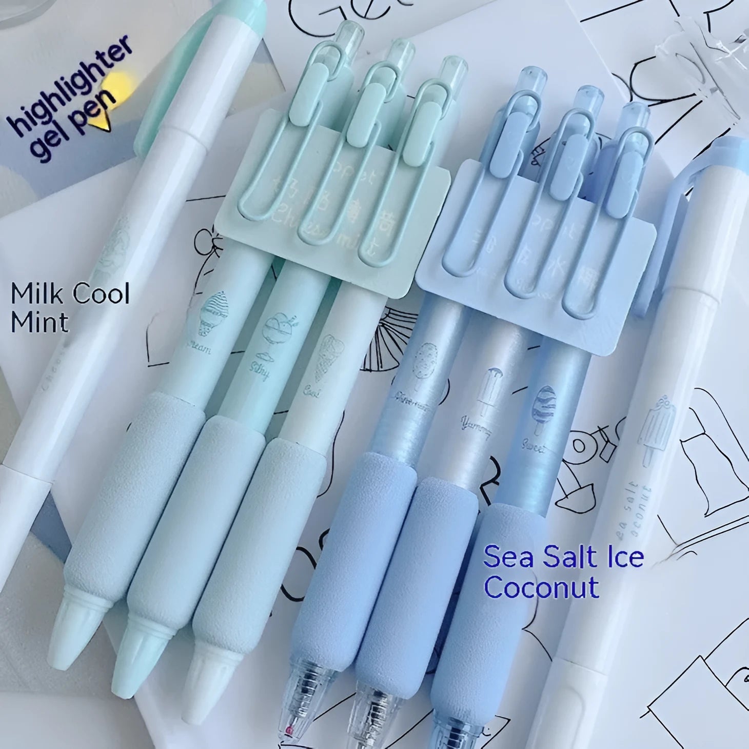 Four double-headed fluorescent pens with 0.5mm tips for calligraphy, showing Cheese Mint and Sea Salt Ice Cup colours.