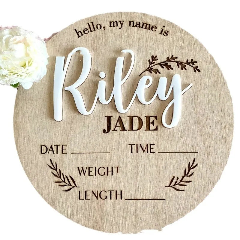 Square wooden newborn name label with birth information display, 15x15 cm plywood construction