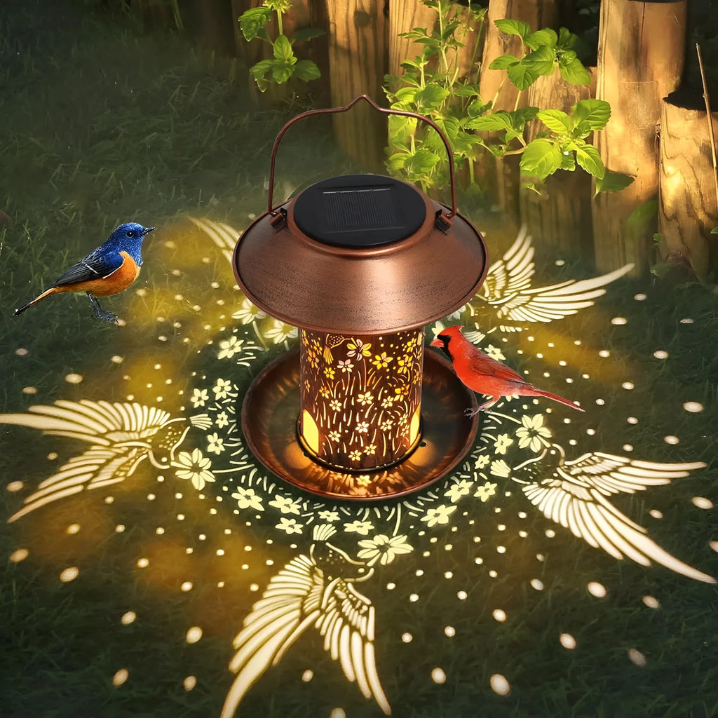Solar-powered iron art hummingbird pattern feeder lamp for outdoor garden bird attraction and lighting