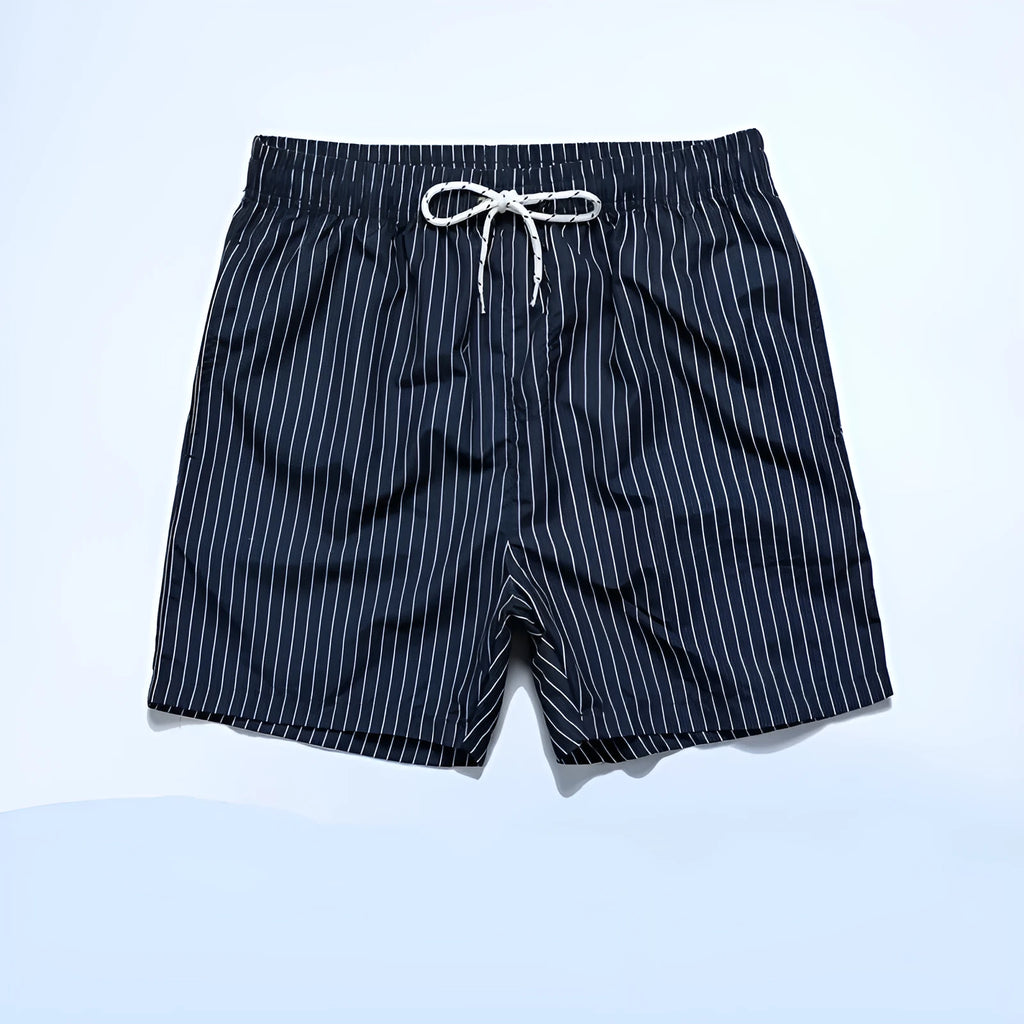 Striped triangle lining beach shorts in navy blue, grey, khaki and light blue colours with straight leg opening