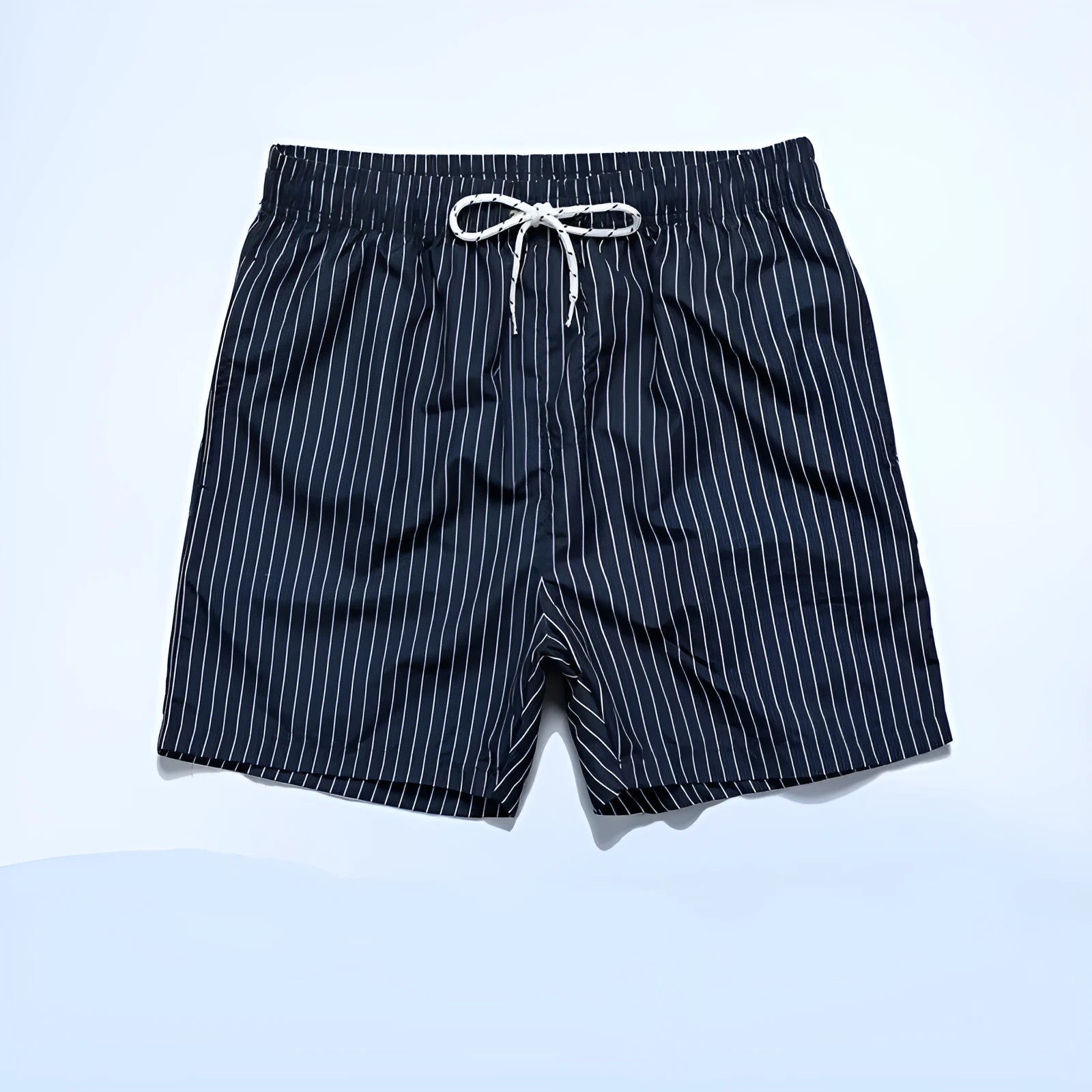 Striped triangle lining beach shorts in navy blue, grey, khaki and light blue colours with straight leg opening