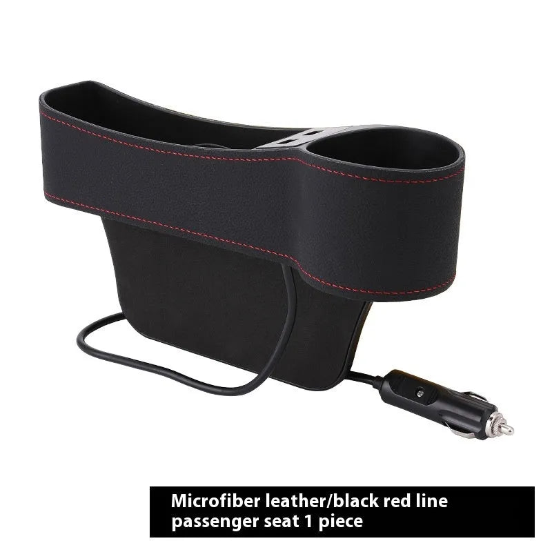 Car seat gap storage box with dual USB ports and PU leather finish in black and red, fitted between seat and centre console