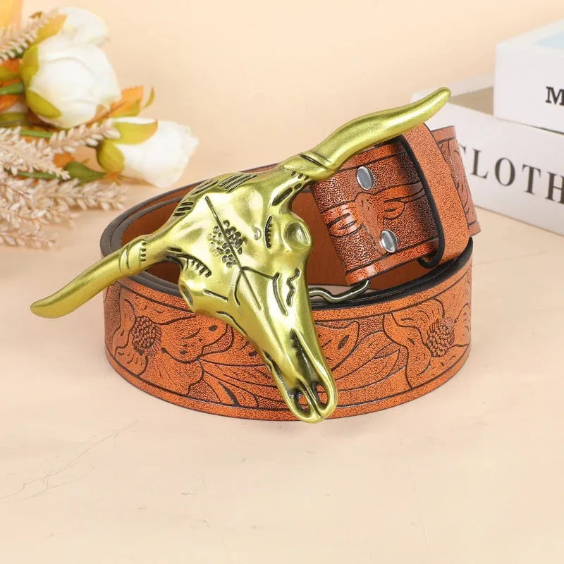 Men's brown imitation leather belt with a detailed electroplated alloy cow head buckle.