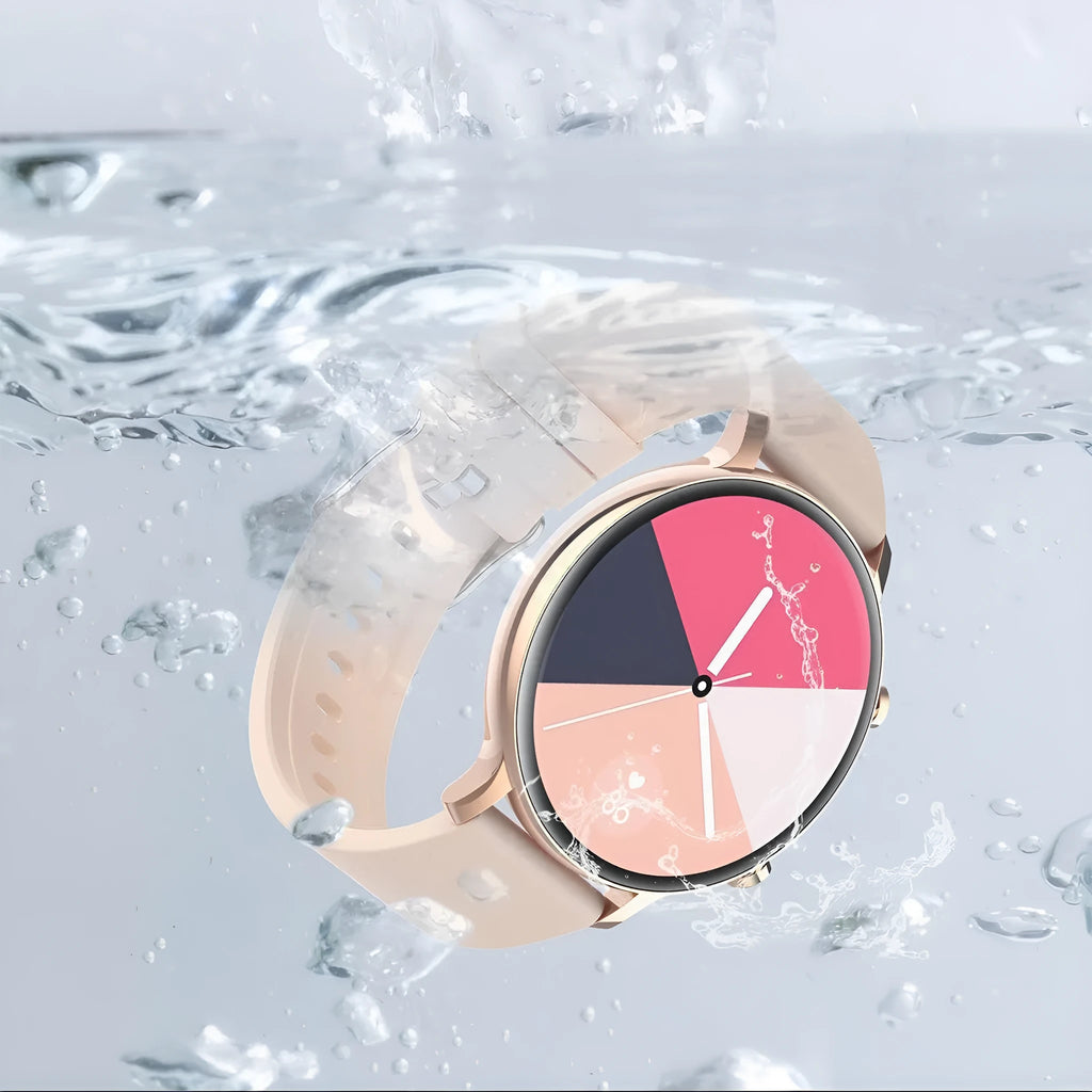Black Bluetooth smartwatch with stainless steel strap on a wrist, showing call and health stats on screen.