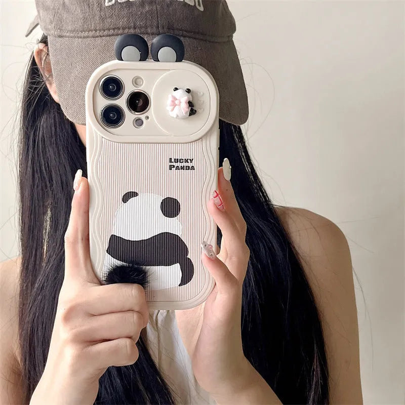Furry panda phone case with hand-woven tail, soft silicone, for Apple iPhone