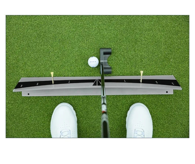 Adjustable golf putter trajectory balance simulator made from white PVC with a push rod balancer.