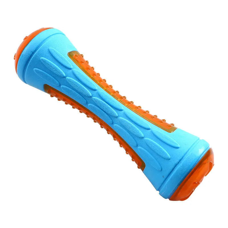 Three TPR dog toys - ball, barbell, and tires - with textured surfaces for teeth cleaning and floating capability