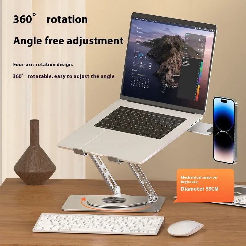 Silver carbon steel laptop stand with rotating base and side-mounted magnetic phone holder