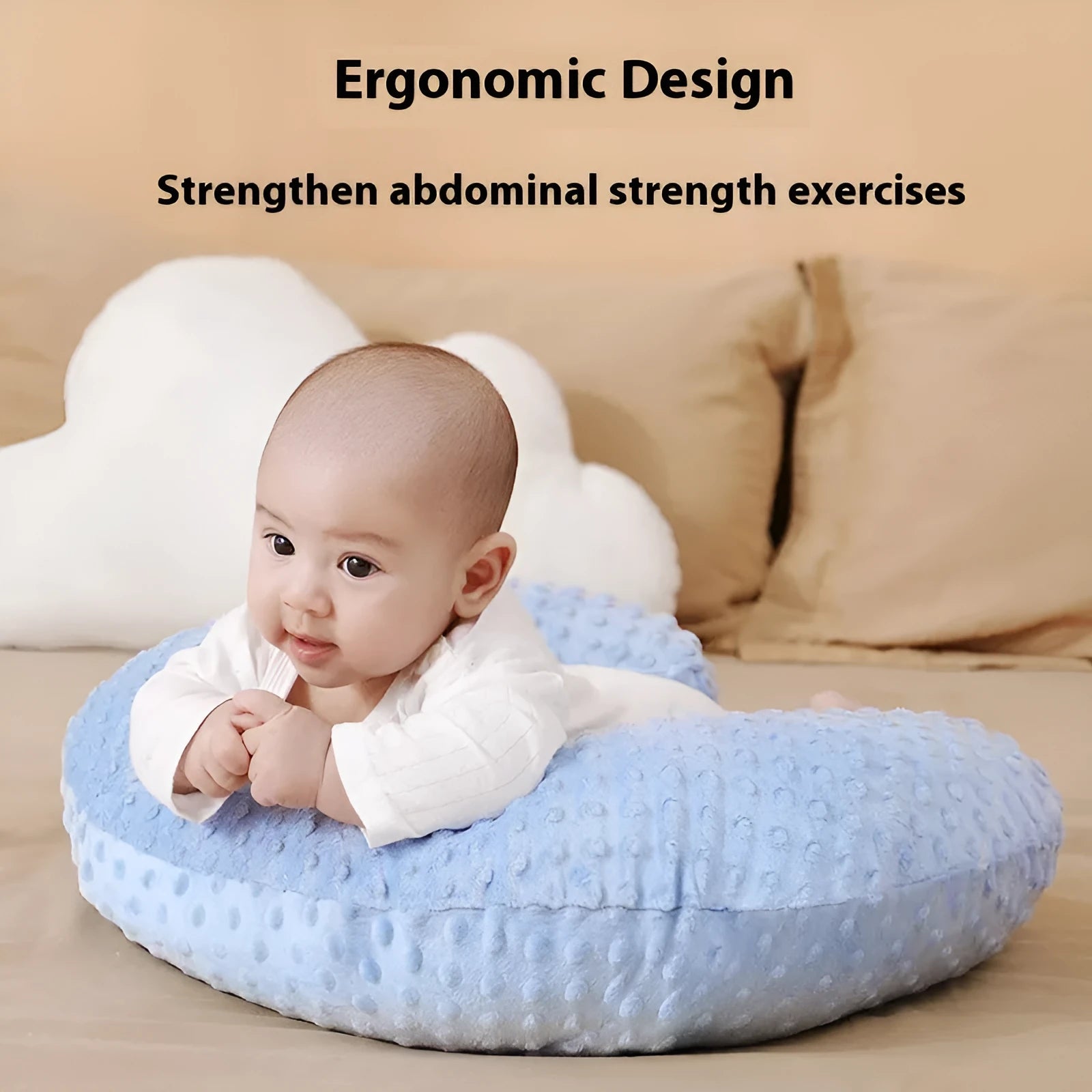 M shaped nursing pillow with removable pillowcase for breastfeeding support and spill prevention