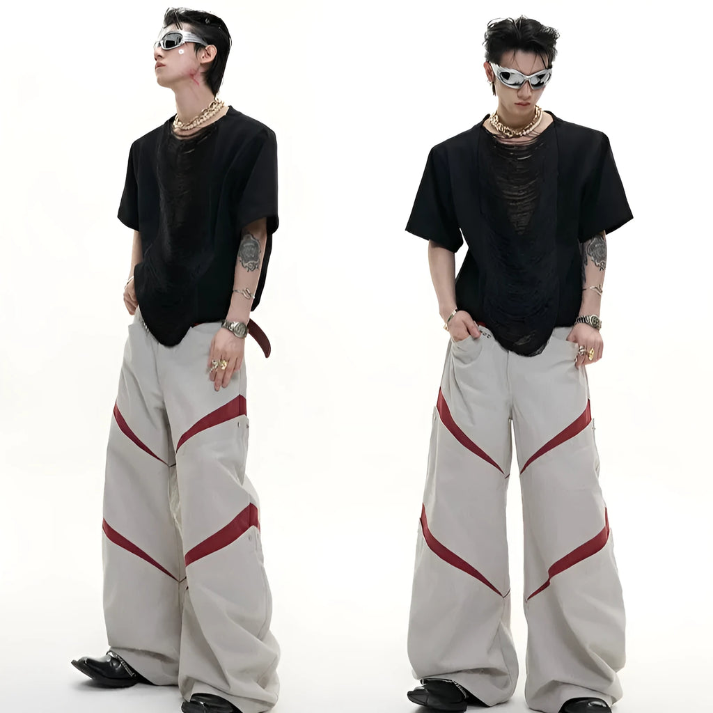 Black loose fit men's V-neck polyester T-shirt with short sleeves and tassel detailing