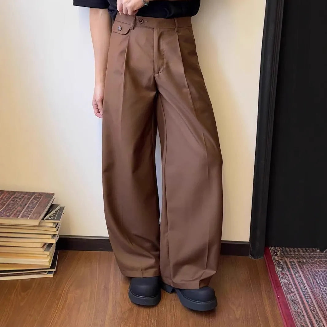 Men's straight-leg casual trousers with loose wide-leg cut and draping design in black or brown