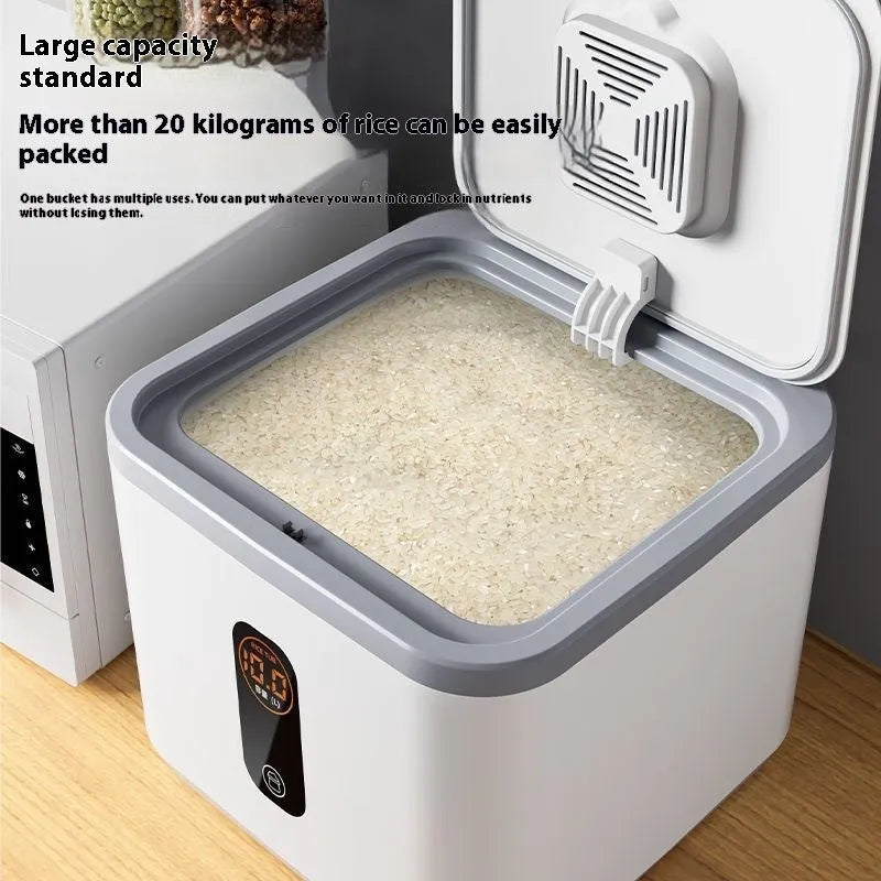 Grey plastic rice storage jar with lid and a measuring cup, for 10kg 20kg or 30kg capacity.