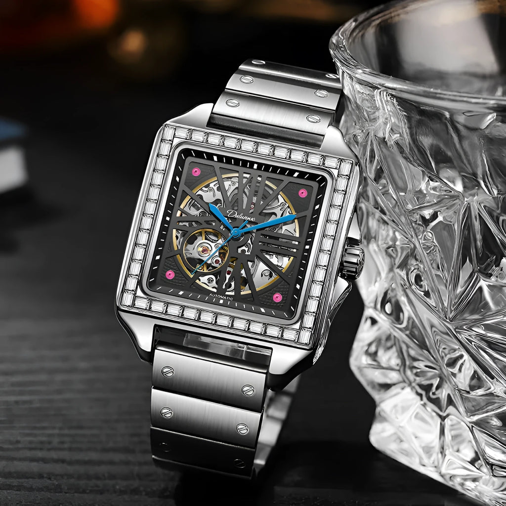 Men's square automatic watch with diamond studs on black leather strap