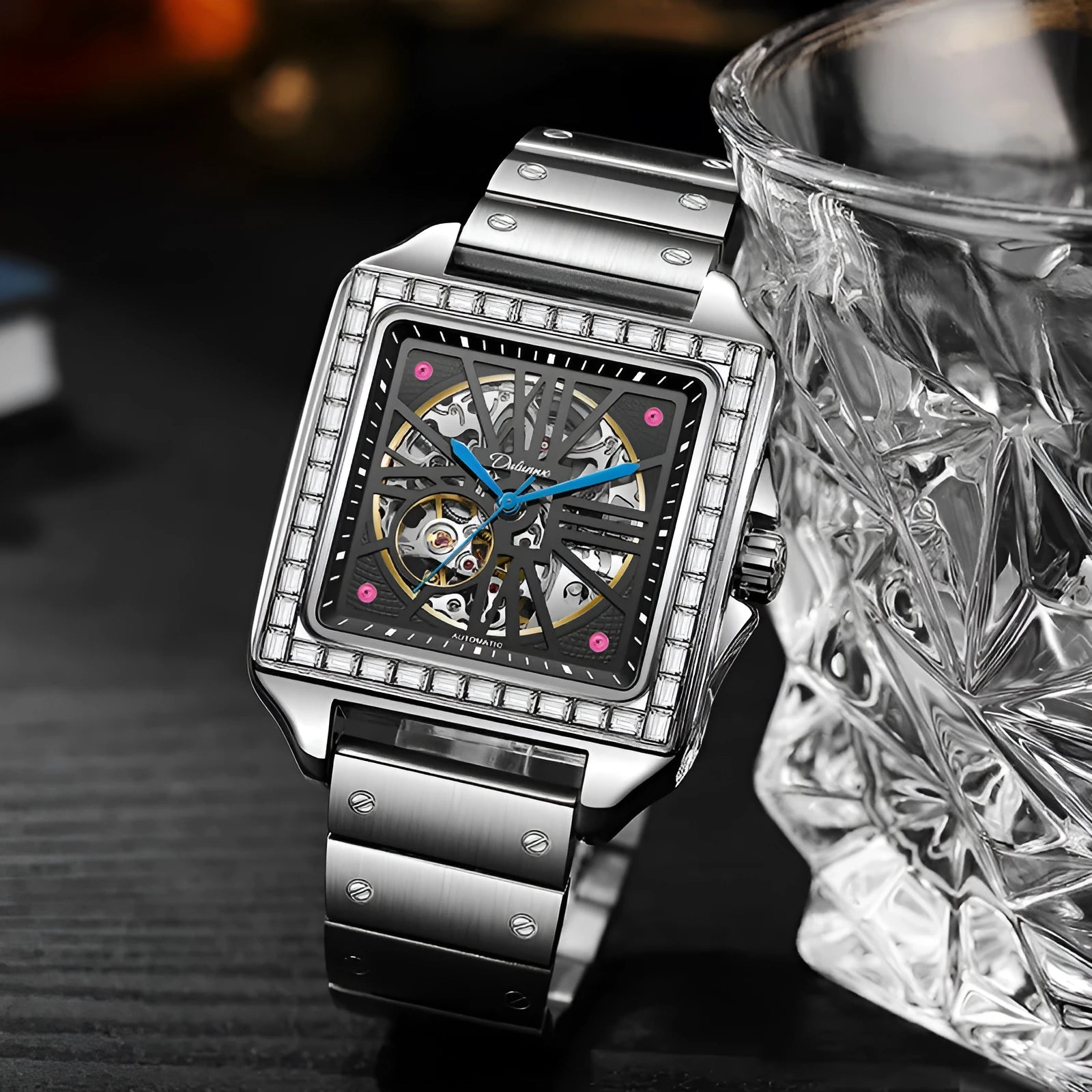 Men's square automatic watch with diamond studs on black leather strap