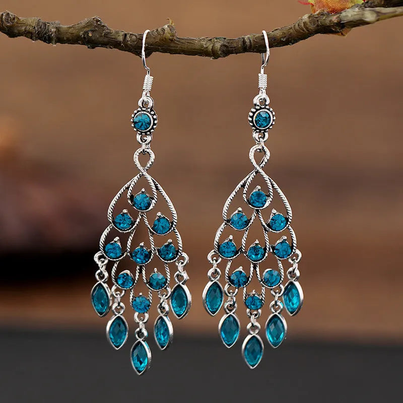 Smart water drop purple retro crystal long fringe earrings with 20-24cm drop shape and ethnic style