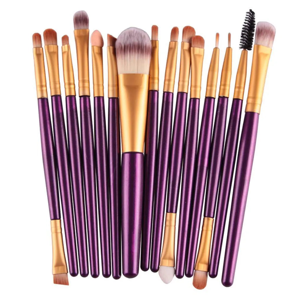18-piece makeup brush set showing various brush shapes including fan tools for powder and contouring