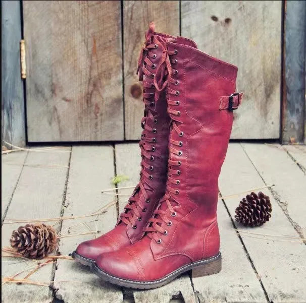 Casual solid-colour high leg boots with a chunky low heel and round toe in wine red