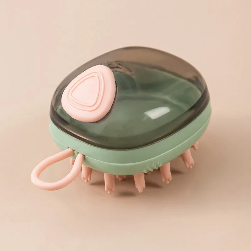 Blue 2-in-1 pet grooming brush with soft silicone bristles and shampoo dispenser on a light background