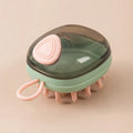 Blue 2-in-1 pet grooming brush with soft silicone bristles and shampoo dispenser on a light background
