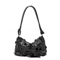 Soft black polyester women's crossbody bag with single strap and sewing thread detail.