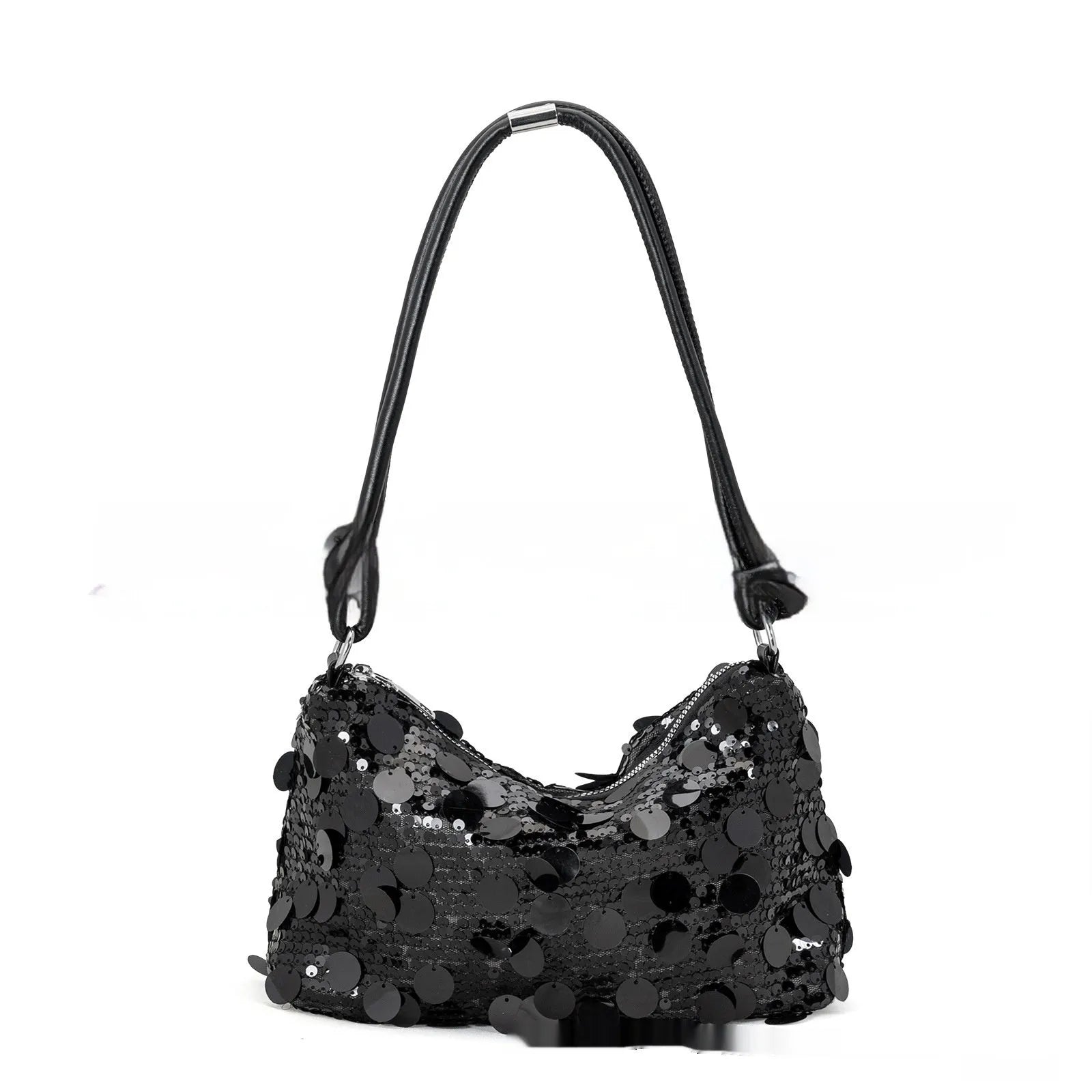 Soft black polyester women's crossbody bag with single strap and sewing thread detail.