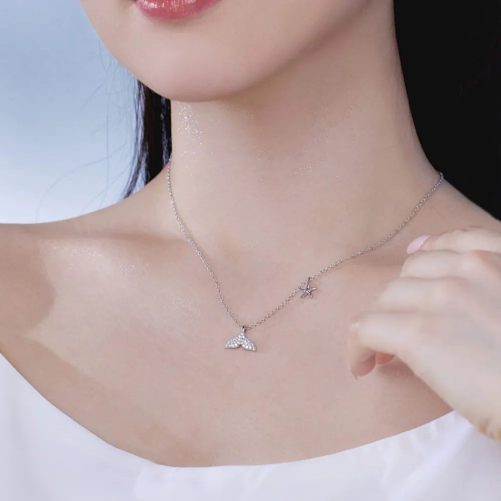S925 sterling silver mermaid tail necklace with micro inlaid zircon starfish pendant on O-ring chain