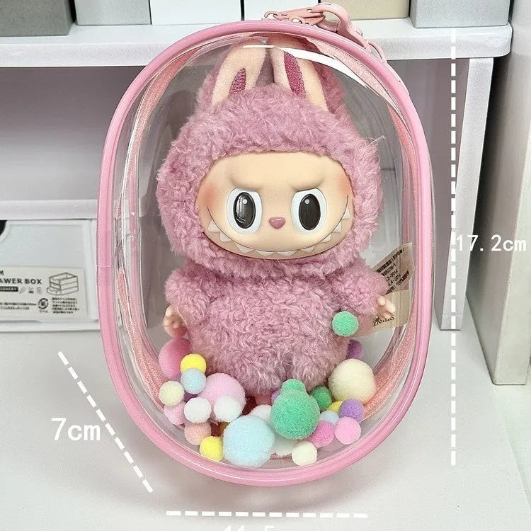 17cm PVC cube storage bag for dolls in transparent or coloured options with keychain
