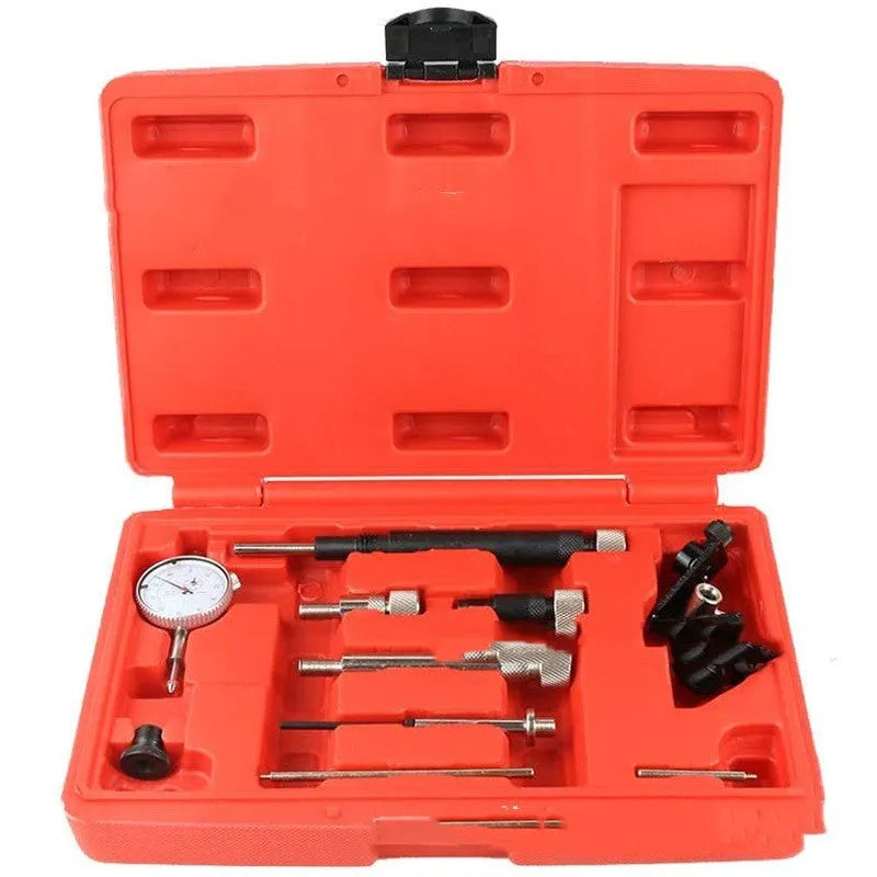 General fuel timing installation tool set VT01818 with ten carbon steel pieces arranged on a workbench