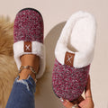 Winter plush slippers with thick bottom and round toe in burgundy, black, and light gray