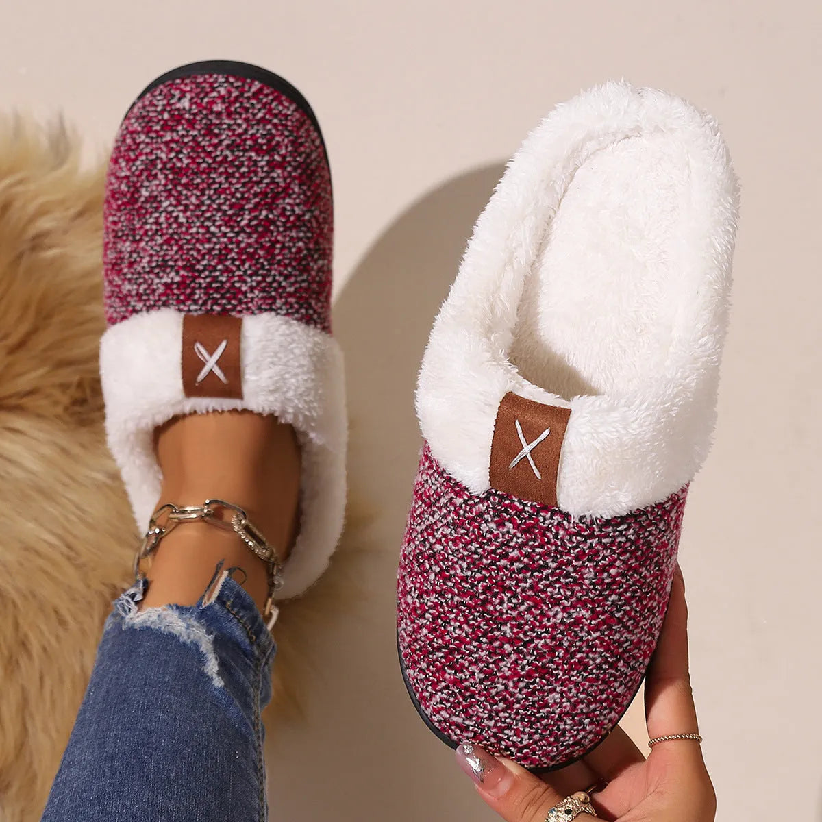 Winter plush slippers with thick bottom and round toe in burgundy, black, and light gray
