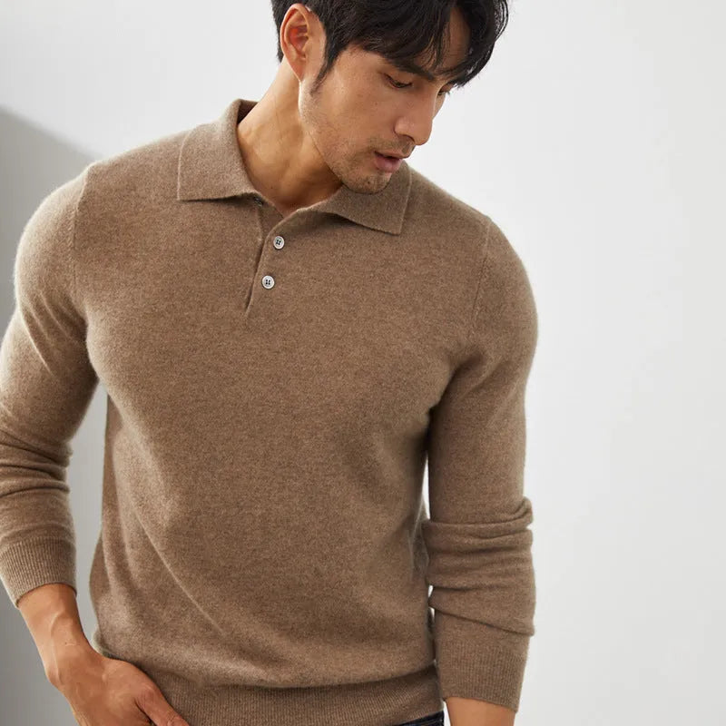 Man wearing a sapphire blue cashmere polo collar pullover sweater with a loose fit