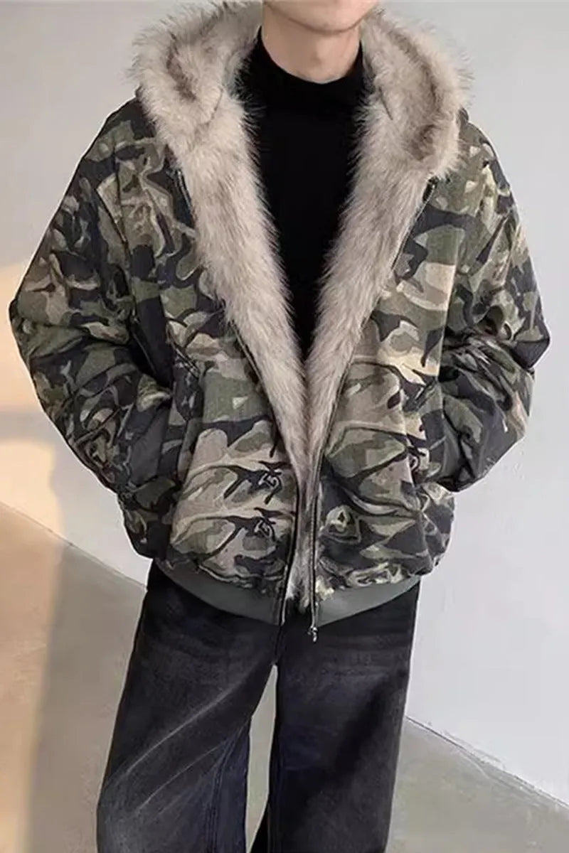 Men's retro washed camouflage fur collar hood jacket with cotton filling, loose fit, polyester outer