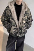 Men's retro washed camouflage fur collar hood jacket with cotton filling, loose fit, polyester outer