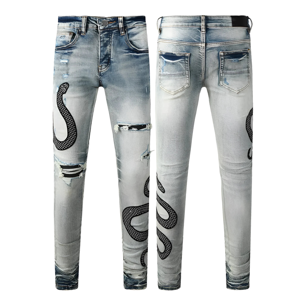 Men's distressed blue skinny jeans with a retro wash, shown with a button fly and a tight leg fit.
