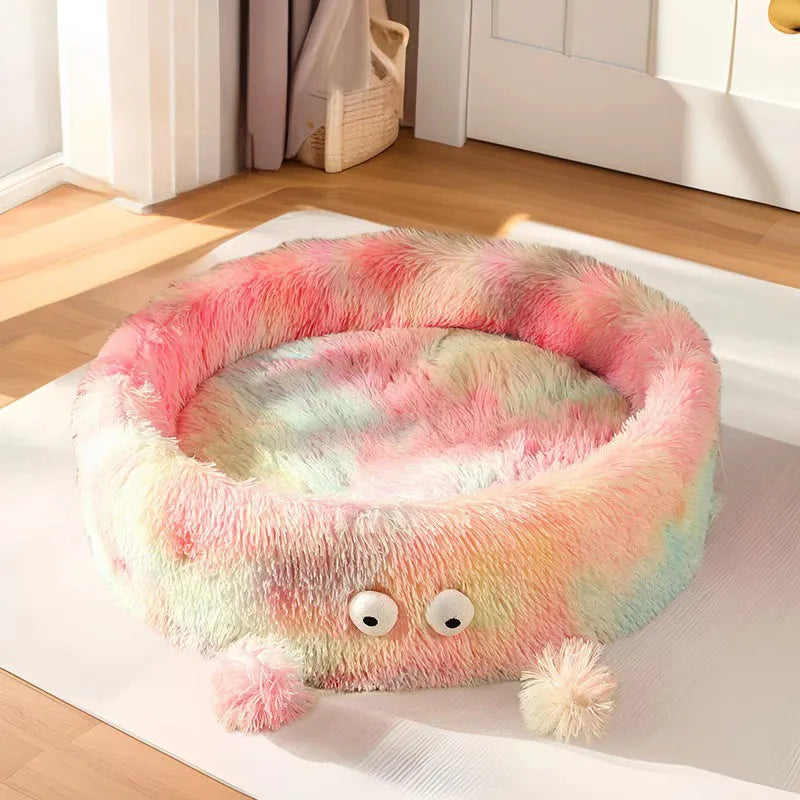 Round plush cat bed with cute small monster face pattern in green colour suitable for dogs and cats