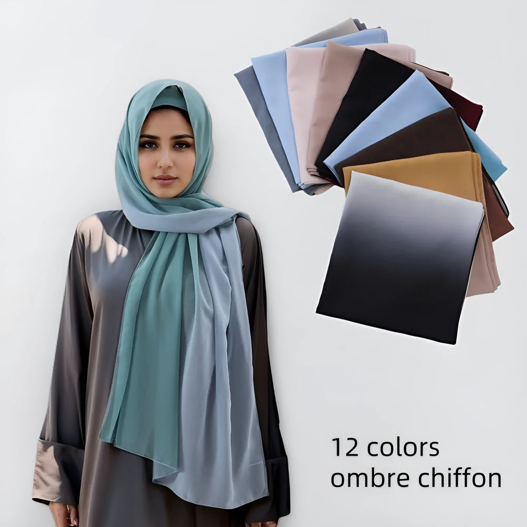 Long floral print chiffon scarf for women draped to show 175cm length and lightweight fabric