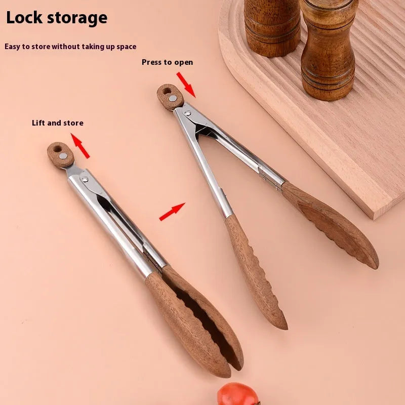 Stainless steel food tong with wood handle in walnut or acacia, 9 or 12 inch size option